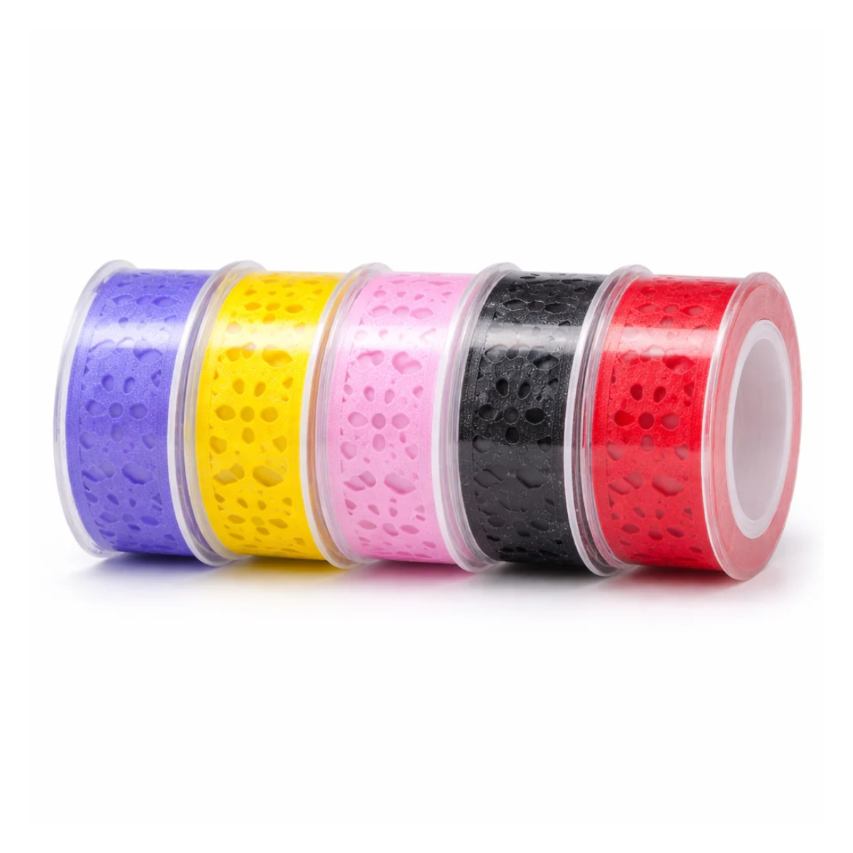 Five rolls of colorful tape with cutout patterns surface in clear containers on a white background