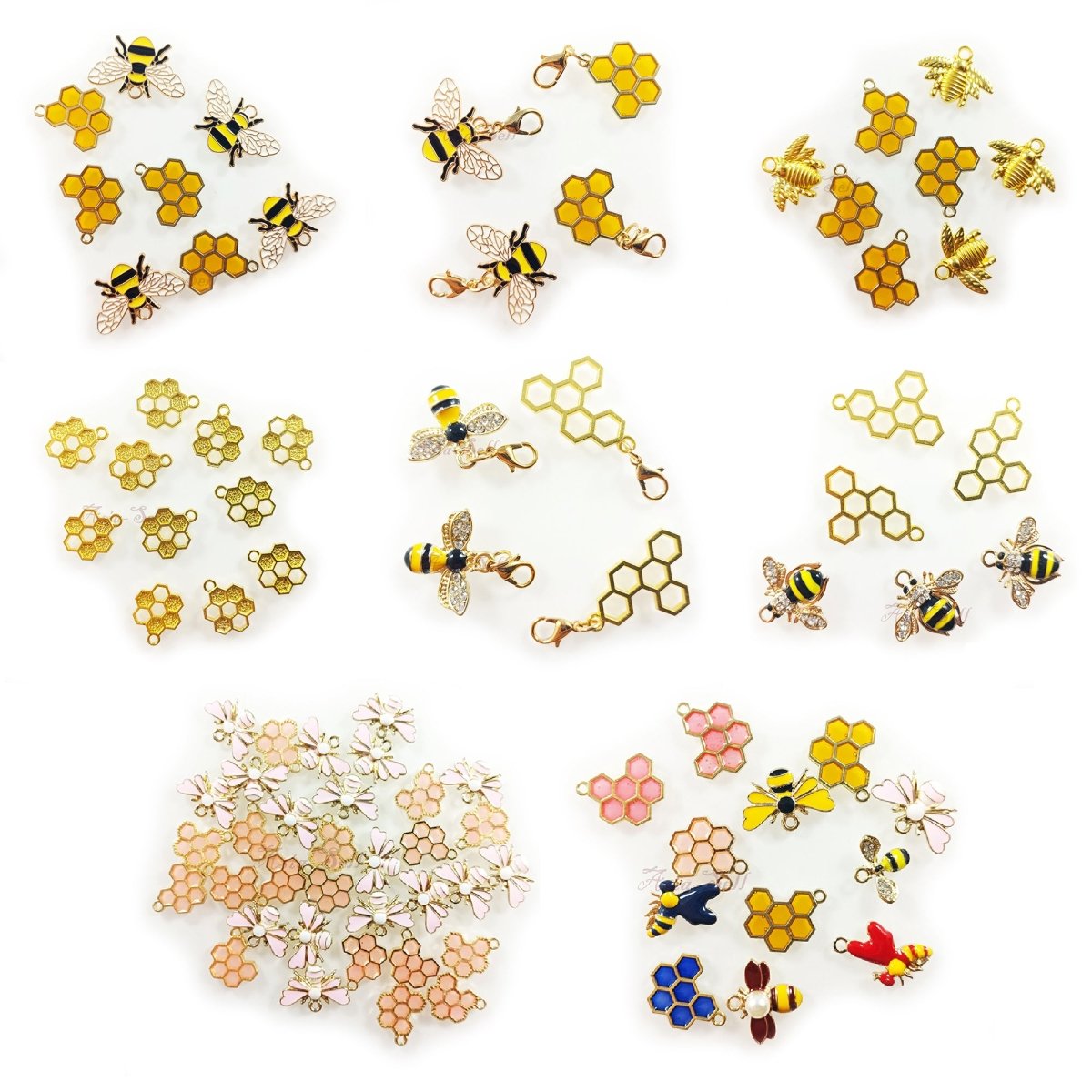 Enamel Bees Honeycomb Loop Pendant Charms Lobster Claw DIY Jewellery Making Bracelet Necklace - 10pcs Honeycomb Set 1 - Asia Sell