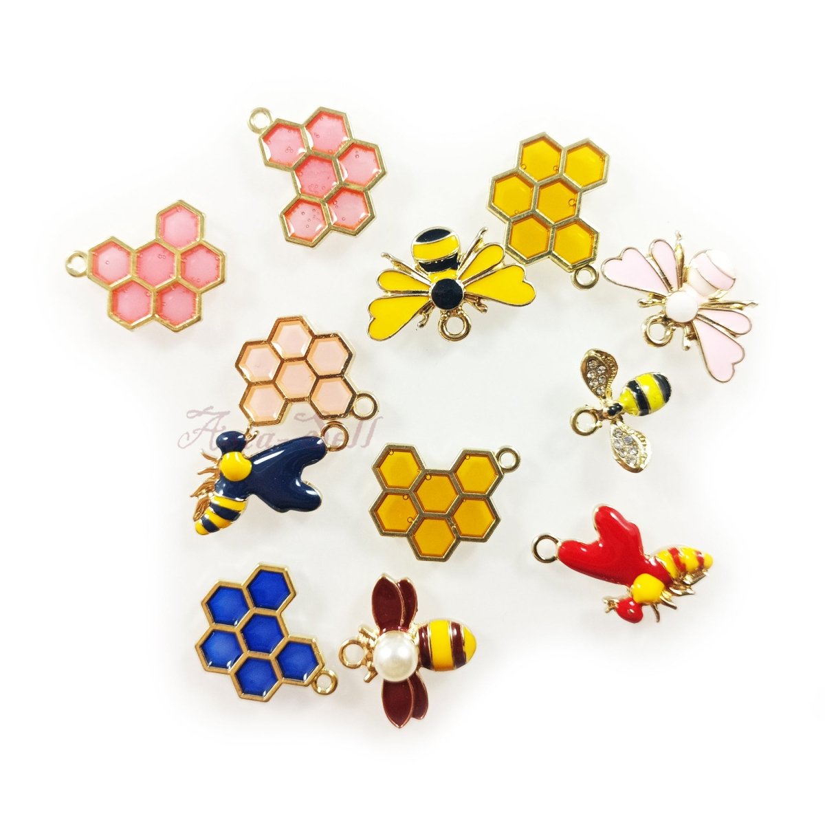 Enamel Bees Honeycomb Loop Pendant Charms Lobster Claw DIY Jewellery Making Bracelet Necklace - 12pcs Bees Honeycomb Set 8 - Asia Sell