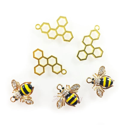 Enamel Bees Honeycomb Loop Pendant Charms Lobster Claw DIY Jewellery Making Bracelet Necklace - 6pcs Bees Honeycomb Set 6 - Asia Sell