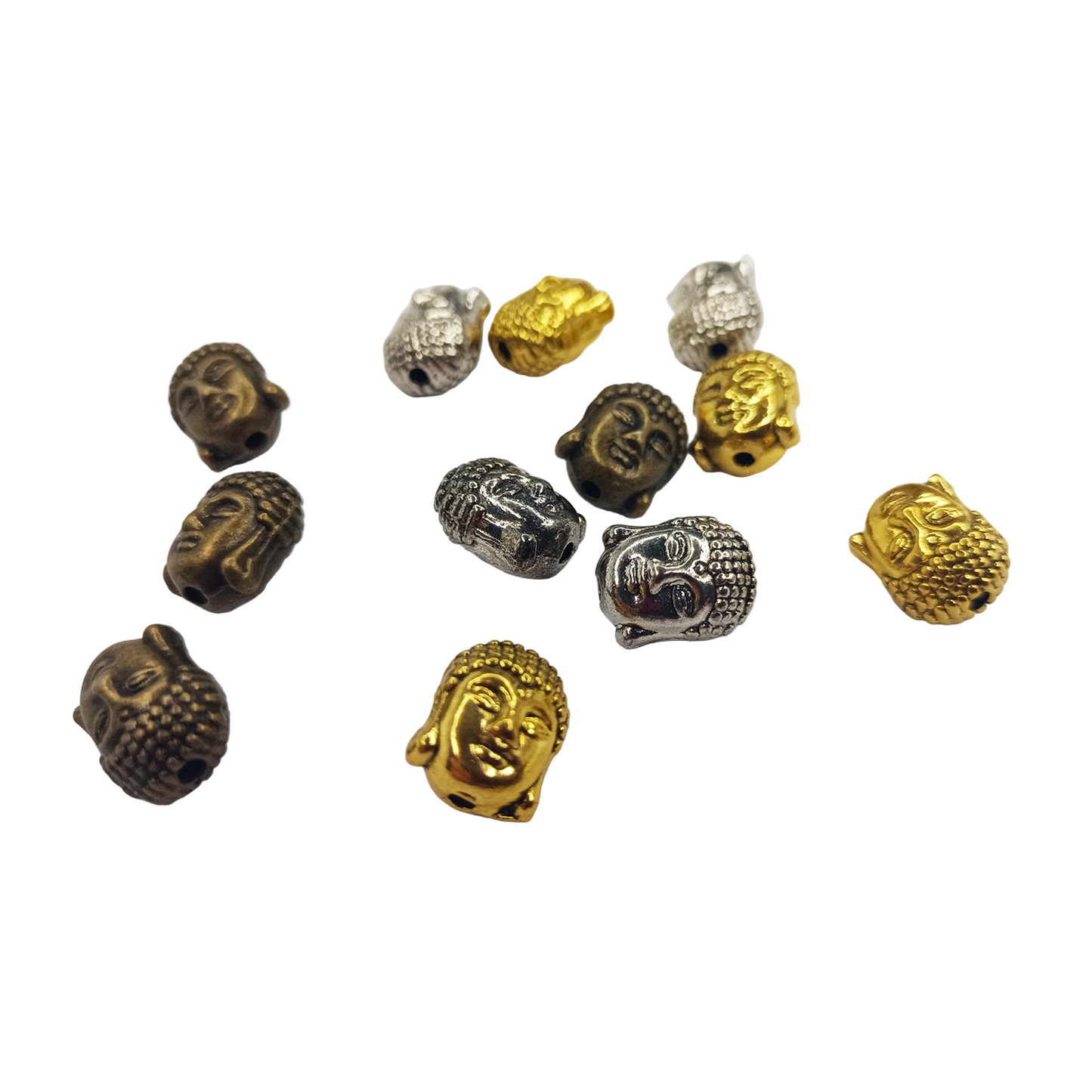 Collection of gold, silver, and bronze Buddha head beads on a white background