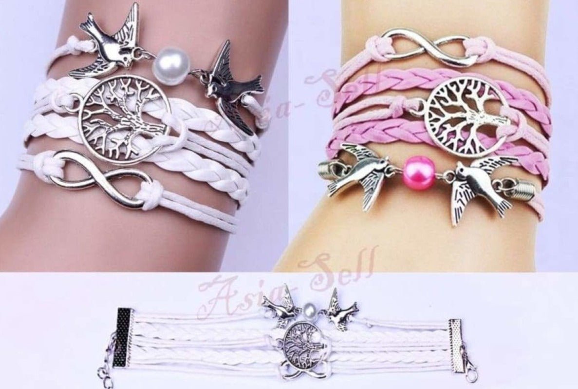 Handmade Tree Of Life Birds Infinity Leather Rope Chain Bracelet Gift - White - Asia Sell