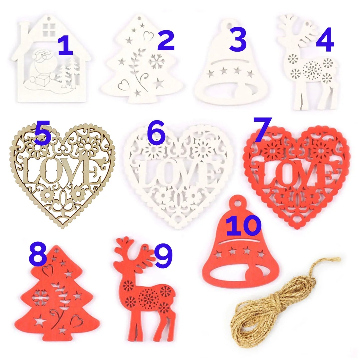 Christmas Tree Ornament w/String Wooden Hanging Pendants Painted White Red Christmas Tree Snow Reindeer Santa