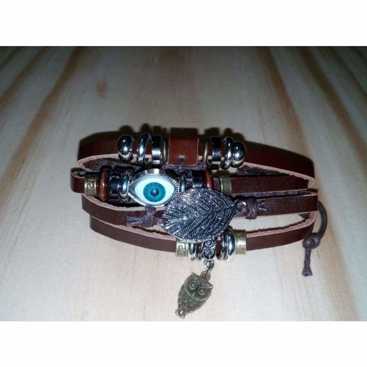 Leather Handmade Bracelet Beaded Eyeball Eye Owl Leaf Multilayer Adjustable - - Asia Sell