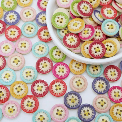 25pcs 4-Hole Flower Daisy Buttons Design Multicoloured 15mm Painted Edge