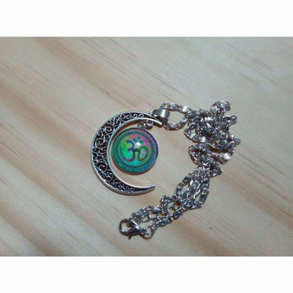 OM Hindu Symbol Necklace Spiritual Mandala Glass Gem Hollow Moon Pendant Choker - A Silver Om - Asia Sell