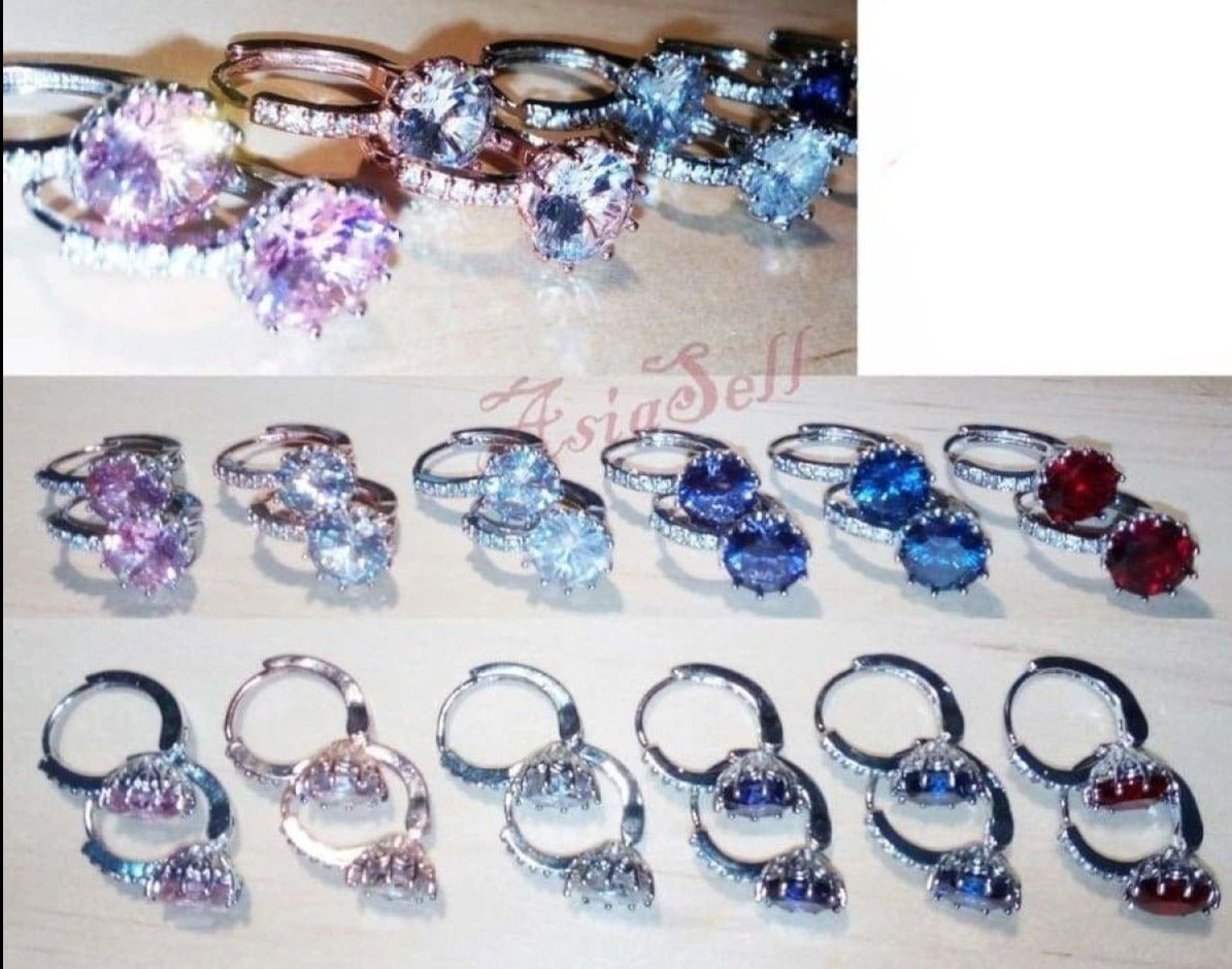 Pair of Earrings Blue Pink Purple Red White Silver Gold Colour Girls Womens Fashion - Gold & Clear - Asia Sell