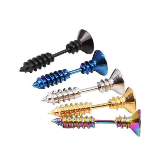 Five decorative metal earrings with cone-shaped heads are arranged diagonally on a white background. The finishes shown are black, metallic blue, silver, gold, and a rainbow iridescent coating.