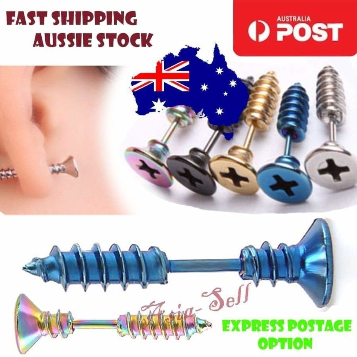 Punk Stainless Steel Stud SCREW Earrings BLUE GOLD SILVER BLACK COLOUR-CHANGING - Blue - Asia Sell