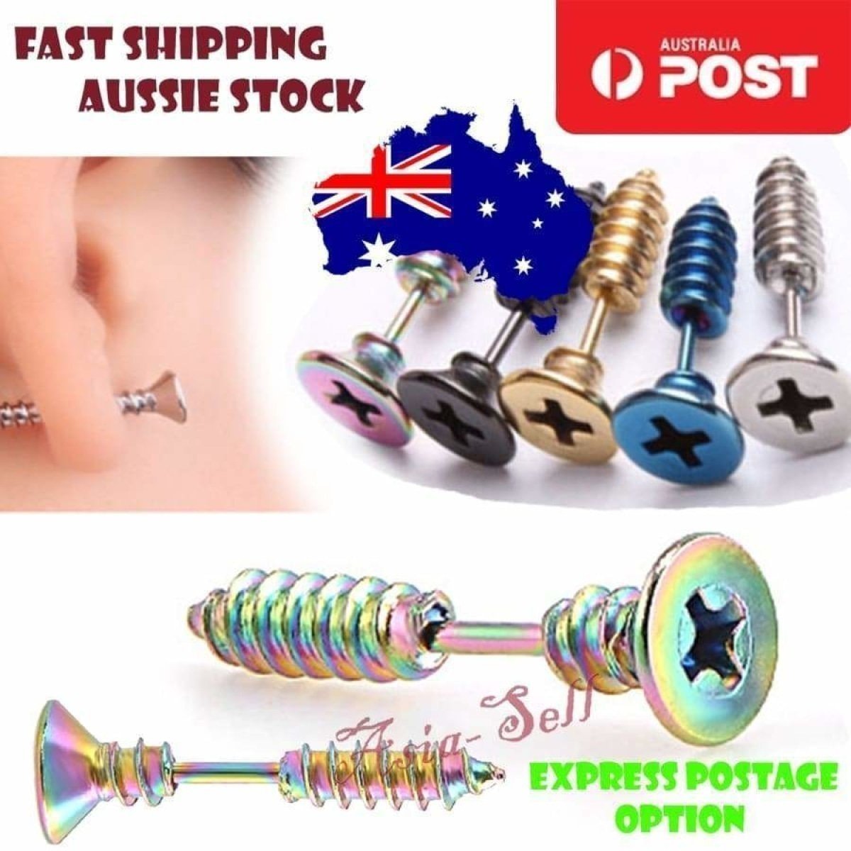 Punk Stainless Steel Stud SCREW Earrings BLUE GOLD SILVER BLACK COLOUR-CHANGING - Changing - Asia Sell