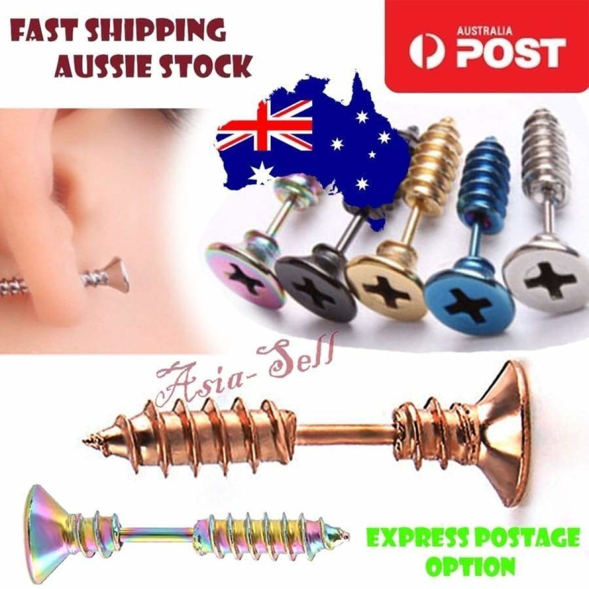 Punk Stainless Steel Stud SCREW Earrings BLUE GOLD SILVER BLACK COLOUR-CHANGING - Gold - Asia Sell