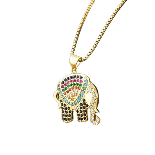 Rainbow Elephant Necklace Copper Zirconia Pendant Gold Colour Long Chain Womens Charm - - Asia Sell