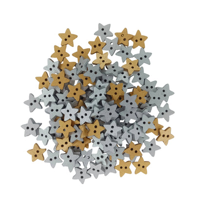A pile of small star-shaped wooden buttons in two finishes: natural light wood and light gray, arranged on a plain white background.