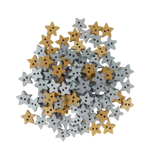 A pile of small star-shaped wooden buttons in two finishes: natural light wood and light gray, arranged on a plain white background.