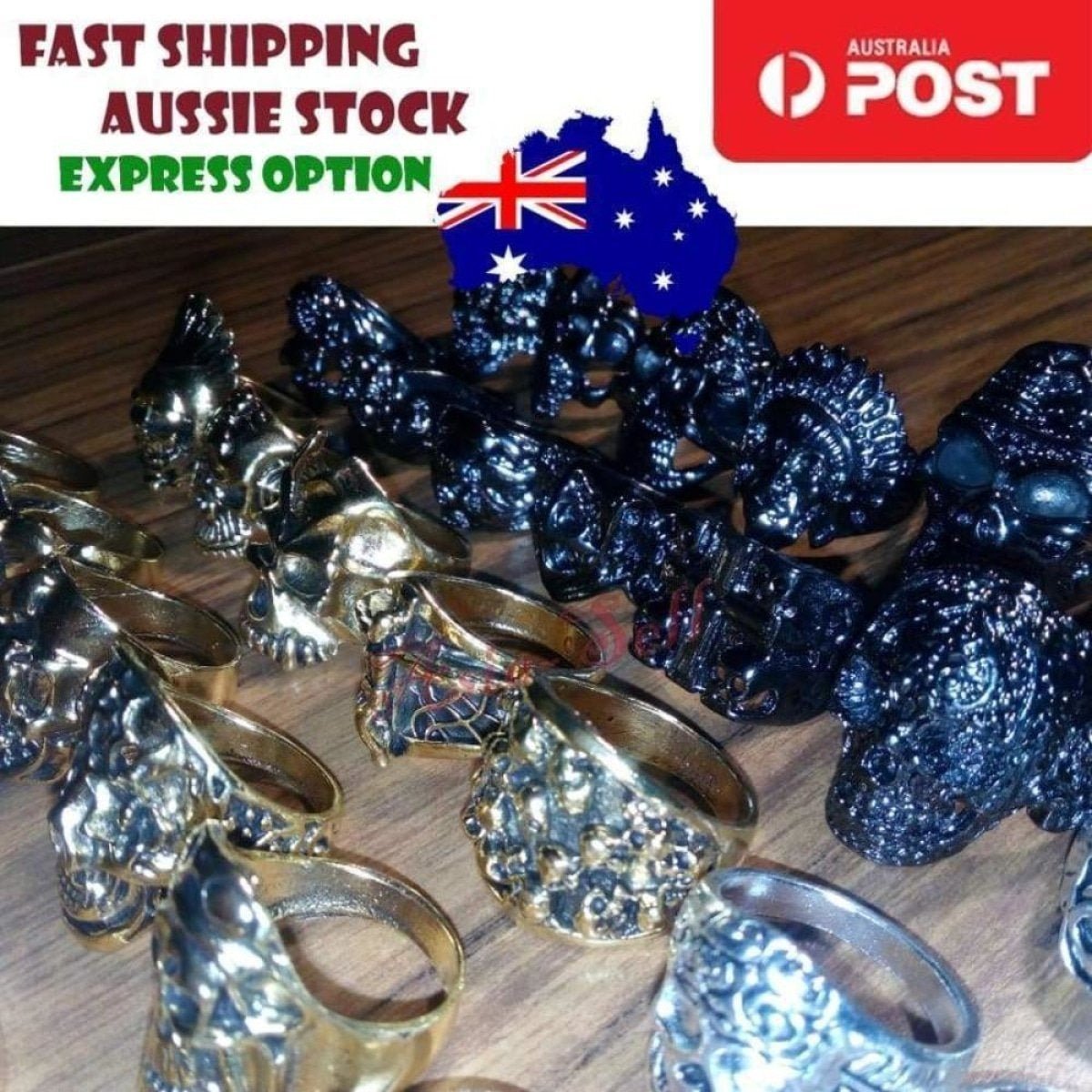 Skull Ring Rings Gold Black Silver Colours Size 6 7 8 9 10 11 - Black Size 8 (code T) - Asia Sell