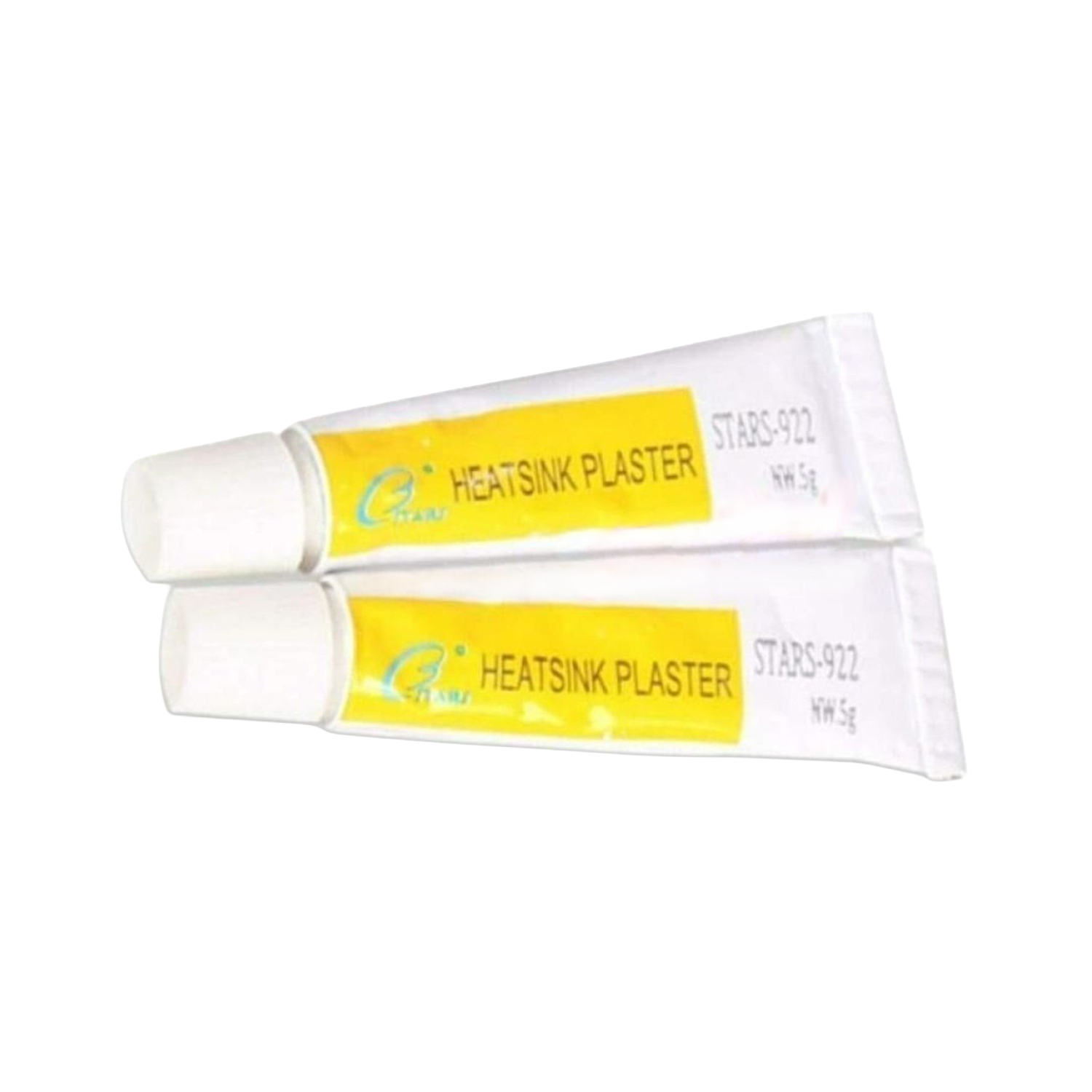 Two tubes of heatsink plaster with yellow labels on a white background