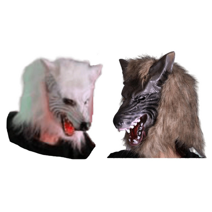 Two wolf masks, one white and one brown, on a white background.