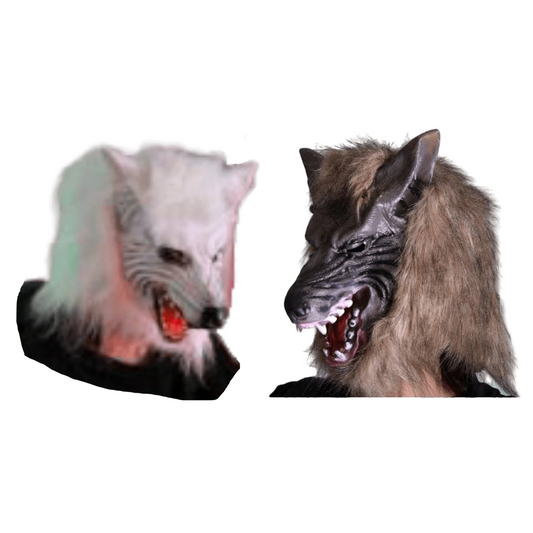 Two wolf masks, one white and one brown, on a white background.