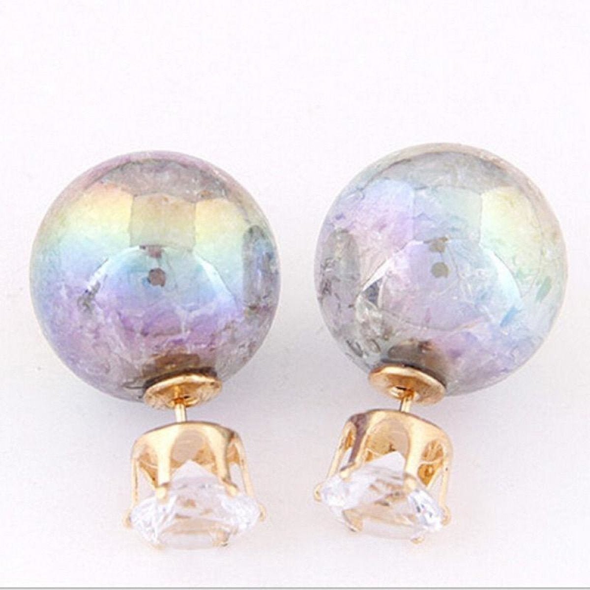 Womens Candy Colour Double Side Round Pearl Earrings Crystal Ball Ear Stud - Grey - Asia Sell