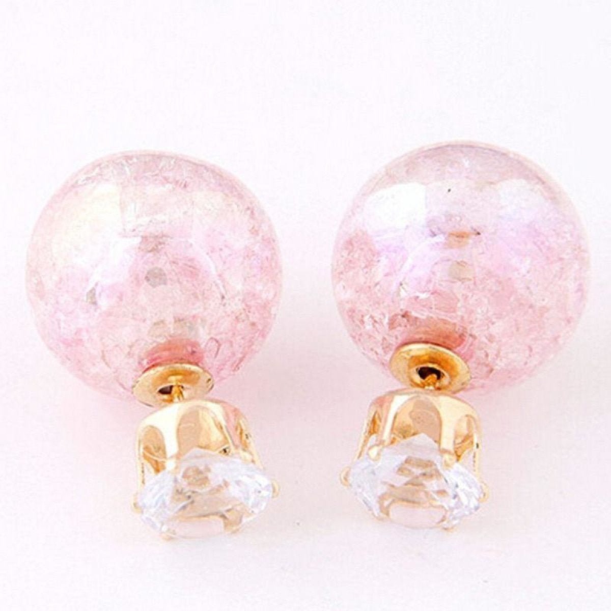 Womens Candy Colour Double Side Round Pearl Earrings Crystal Ball Ear Stud - Pink - Asia Sell