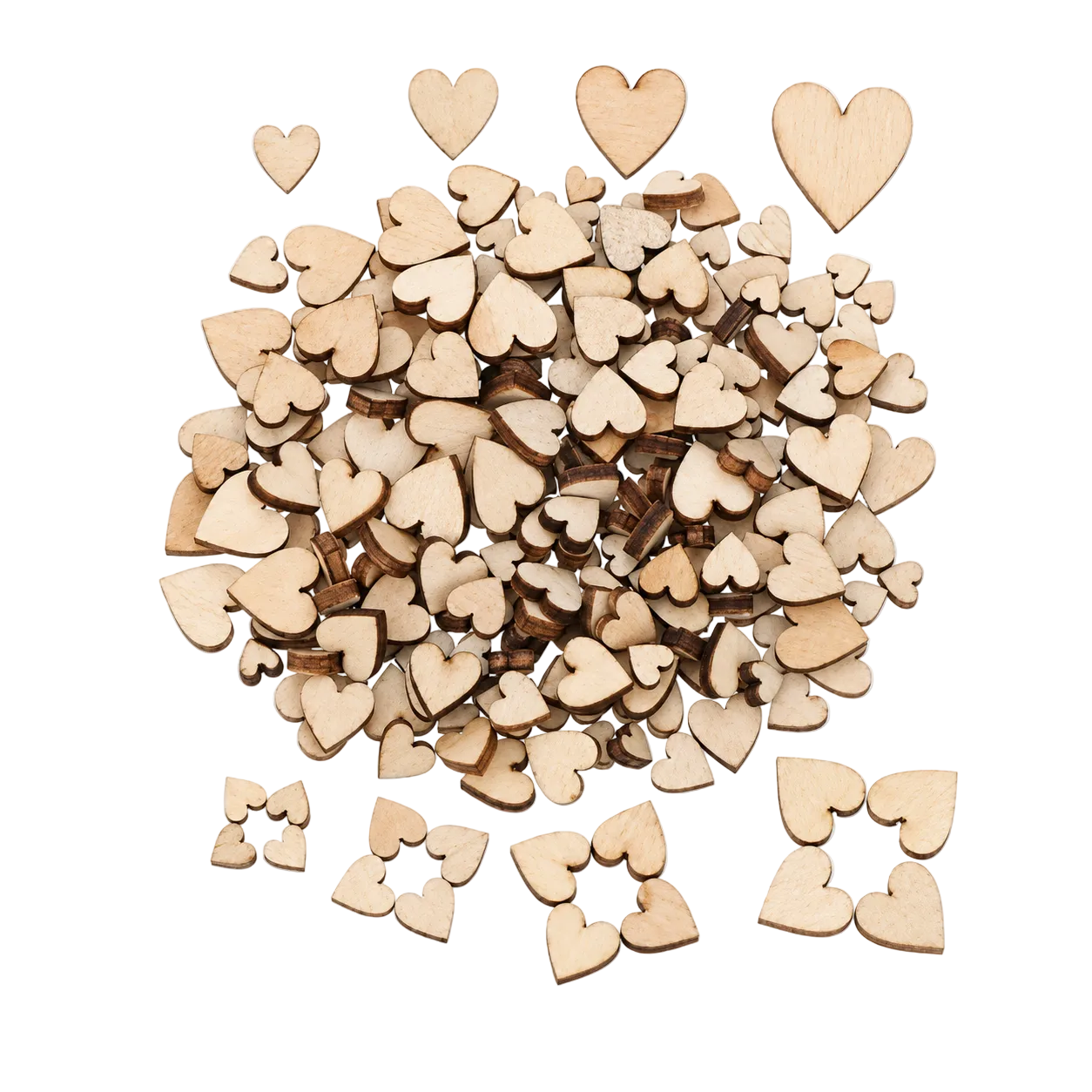 A pile of small natural wood heart-shaped craft pieces in various sizes, arranged on a plain white background.