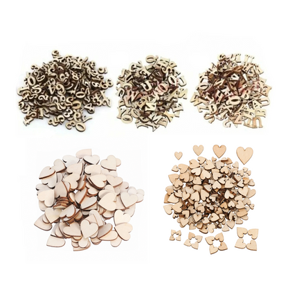Five piles of small unfinished wooden craft embellishments on a white background: three irregular letter-shaped pieces at the top, two heart-shaped pieces at the bottom left, and one heart-shaped piece at the bottom right.