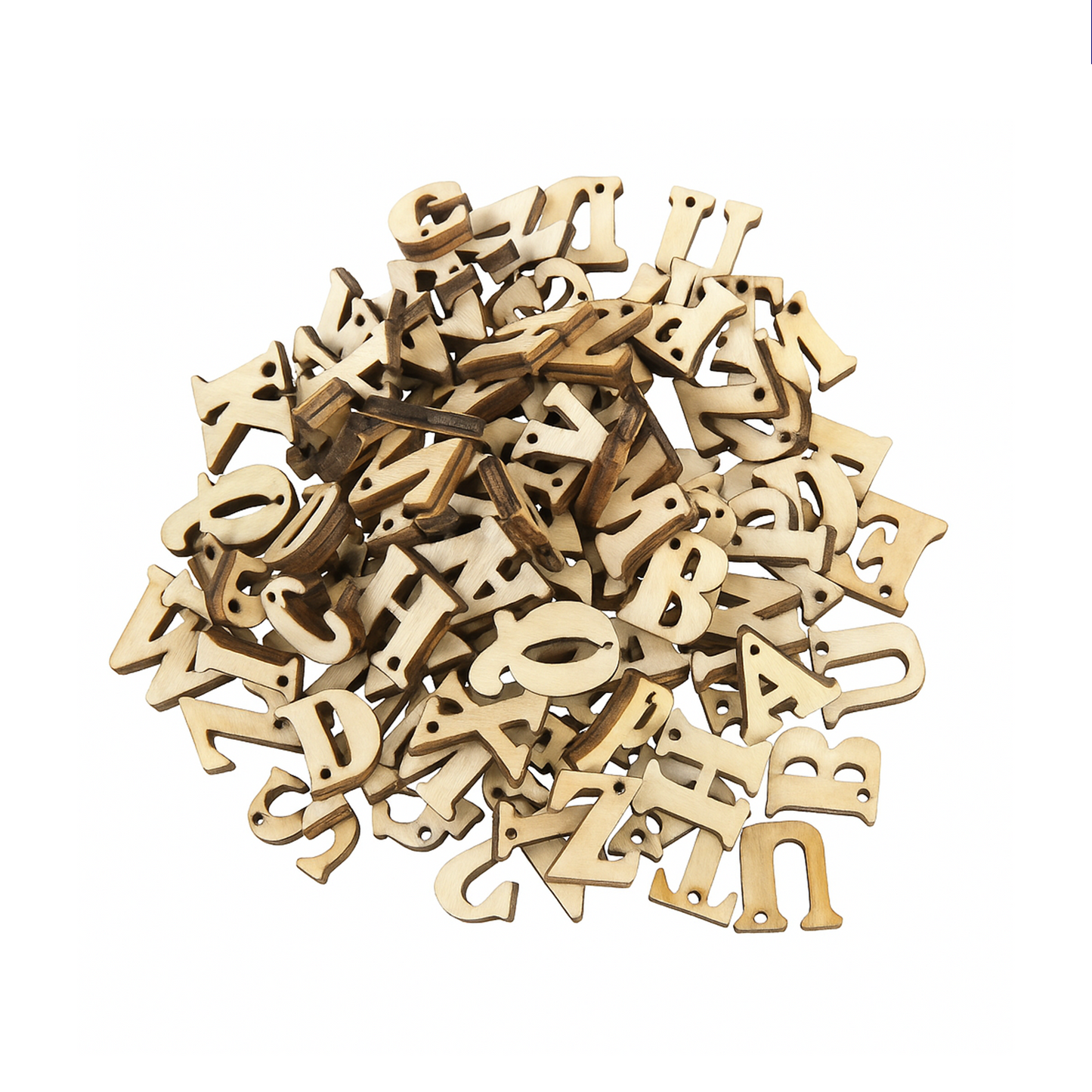 Pile of wooden letters on a white background