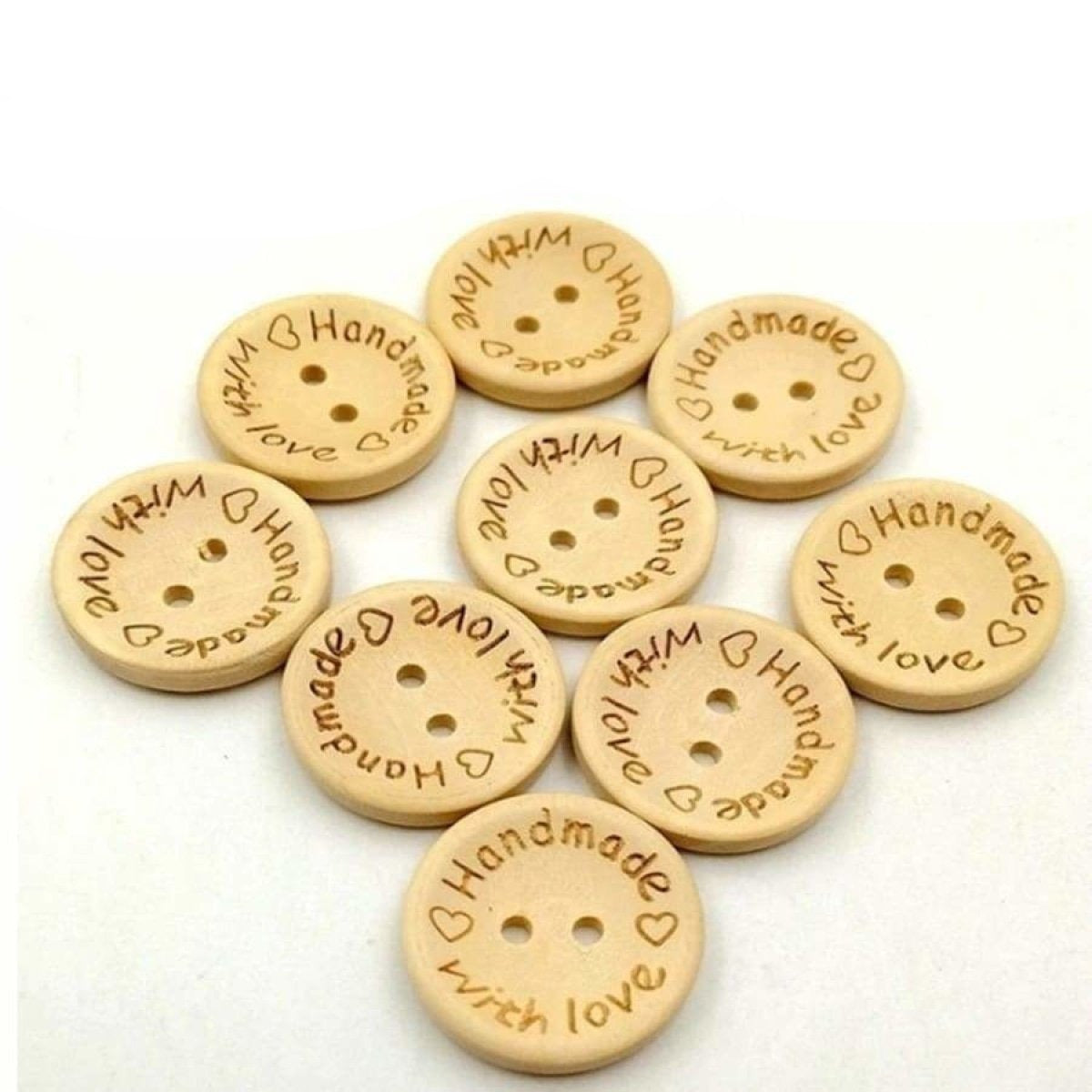 100X 20Mm Handmade With Love Round Wooden Buttons Clothes Clothing