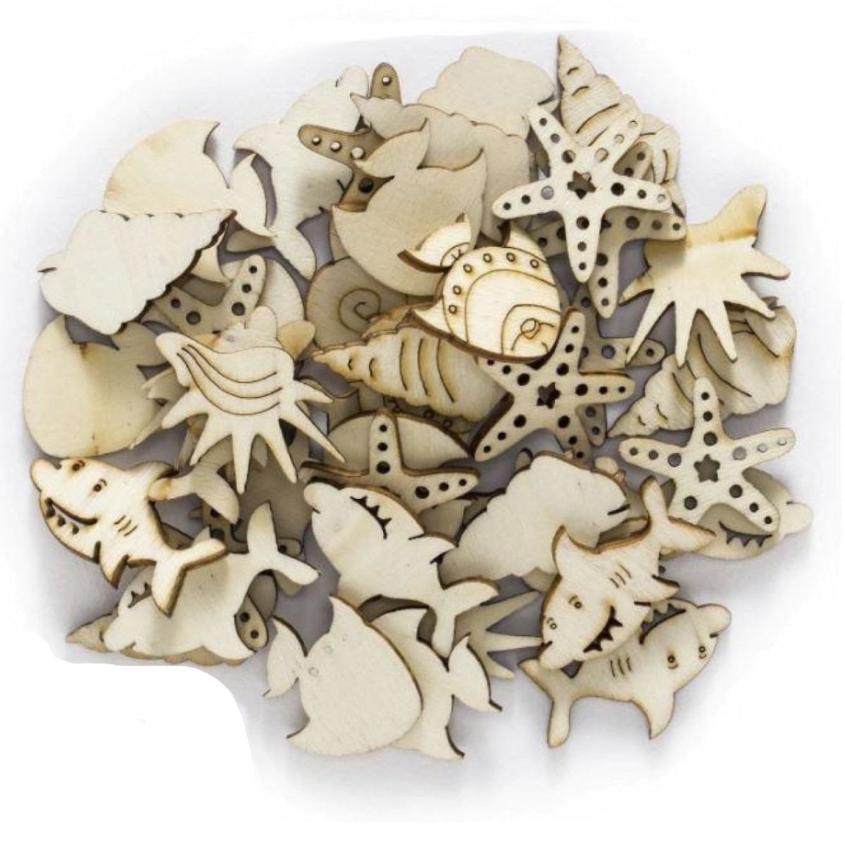 30Pcs Sea Animals Wooden Diy Craft Wood Scrapbooking Fish Seahorse Shark Starfish Mollusc Toys And