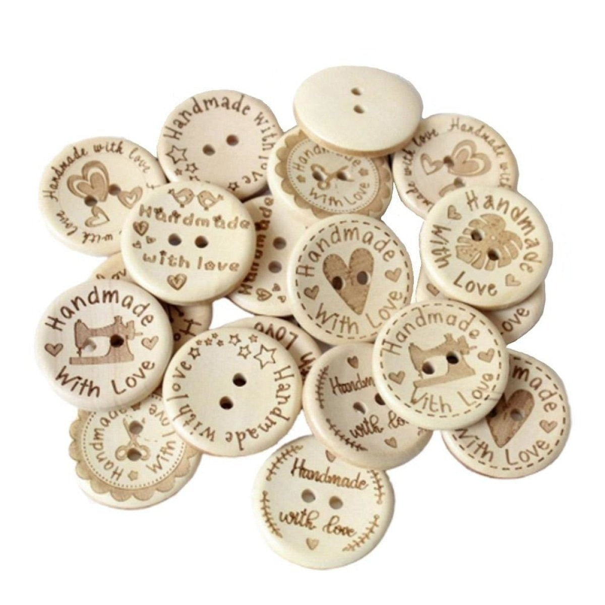 30pcs Wooden Buttons 2-Holes Handmade with Love Round for Handmade Clothes