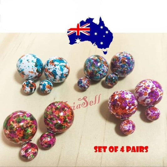 4 Pairs Splattered Paint Pattern Colourful Round Stud Earrings 16mm Womens Girls | Asia Sell