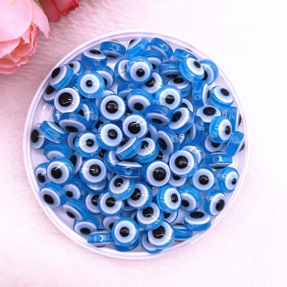 48Pcs 8/10Mm Oval Resin Spacer Beads Double Sided Eyes For Jewelry Making Diy Bracelet Light Blue
