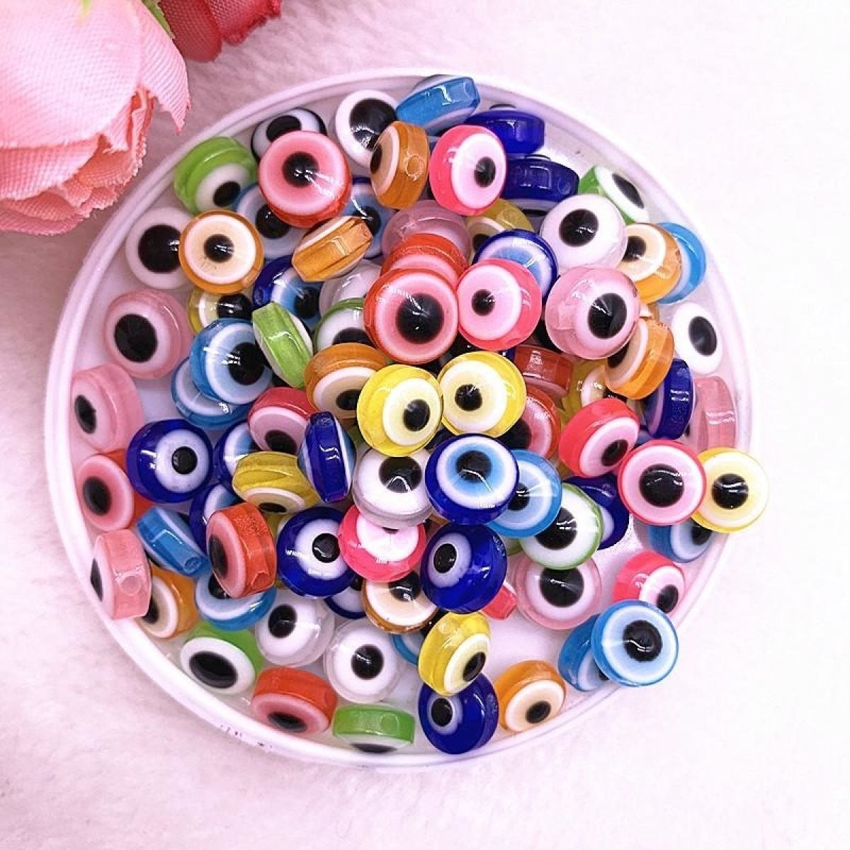 48Pcs 8/10Mm Oval Resin Spacer Beads Double Sided Eyes For Jewelry Making Diy Bracelet Multicoloured