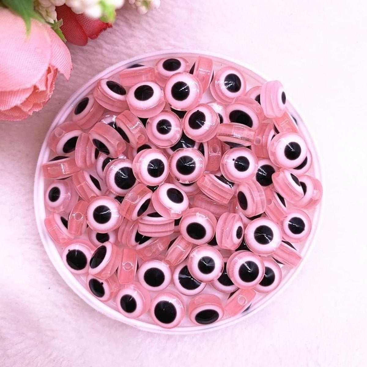 48Pcs 8/10Mm Oval Resin Spacer Beads Double Sided Eyes For Jewellery Making Diy Bracelet Set A Pink