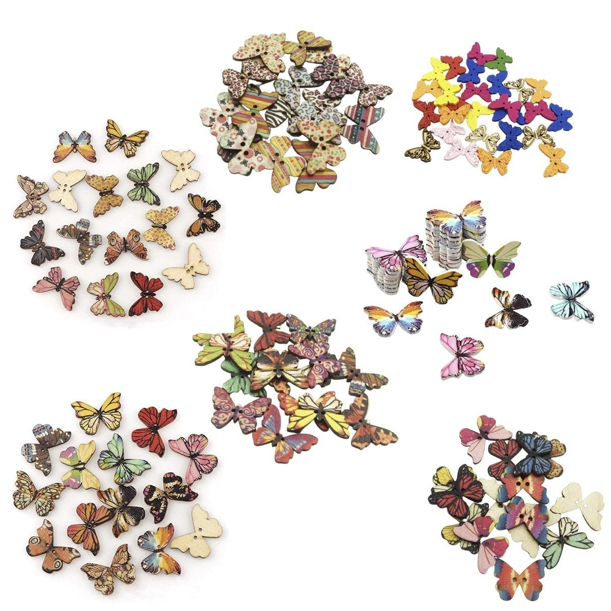 50Pcs 2 Holes Wooden Butterflies Buttons Colourful Sewing And Wood Scrapbooking Button Craft