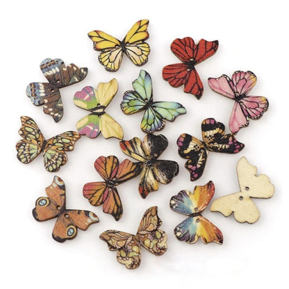 50pcs 2 Holes Wooden Butterflies Buttons Colourful Sewing And Wood Scrapbooking Button Craft