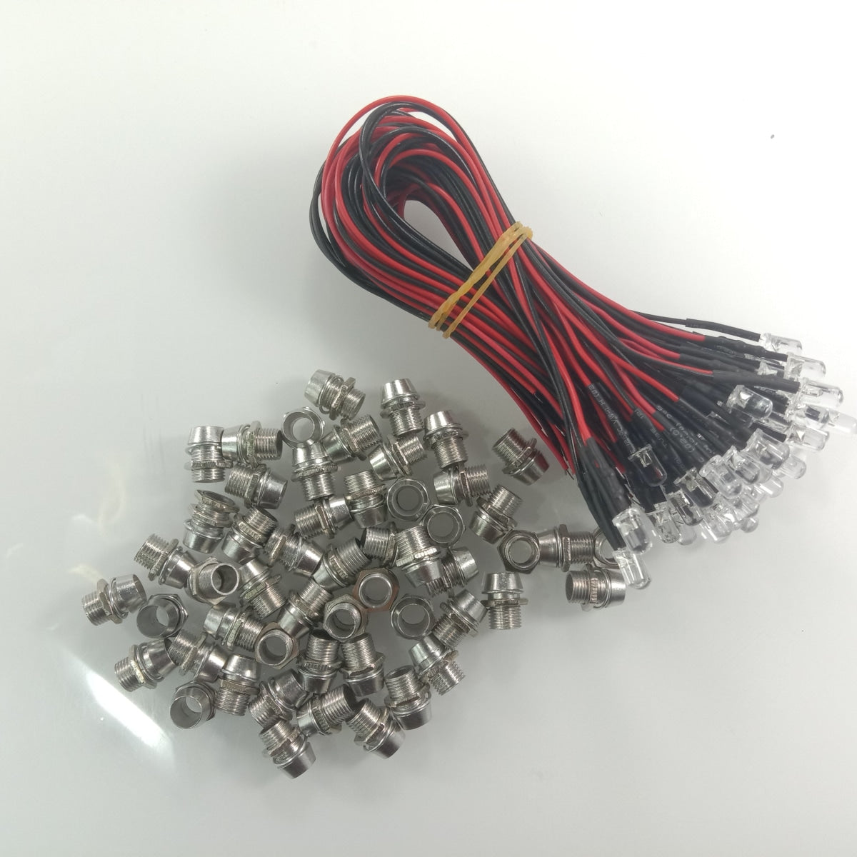 50Pcs Each 3Mm 12V Wired Leds + Chrome Metal Surrounds White Blue Green Uv Red Yellow Pink Cables