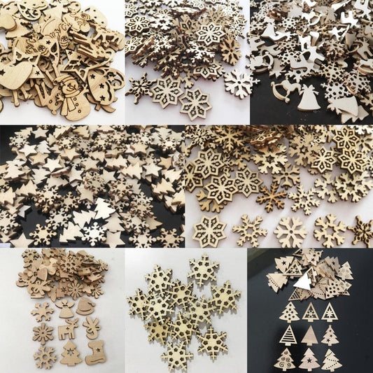 50Pcs Natural Wood Craft Christmas Pendant Hanging Ornament Reindeer Xmas Tree Snowflakes Decor Home