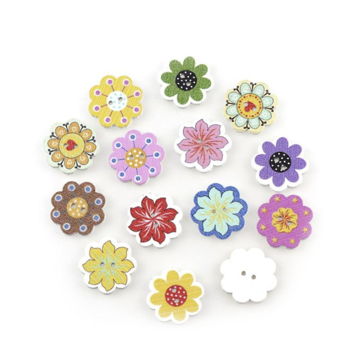 50X 20-25Mm White Wooden Buttons Colourful Flower Edge Shape Design Scrapbook Sewing Accessories Diy