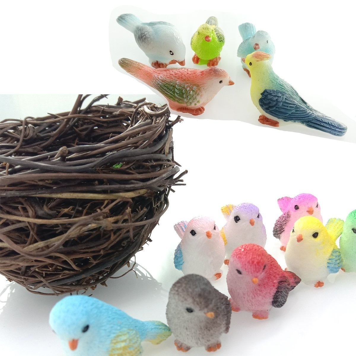 8 Birds in a Nest Resin Parrot Bird Nest Figurine Animal Model Home Decorations Miniature Fairy Garden Bonsai Modern Decor
