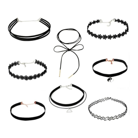 8Pcs Velvet Neck Choker Necklace Black Yin And Yang Triangle Frills Vintage Charm Bohemian Necklaces