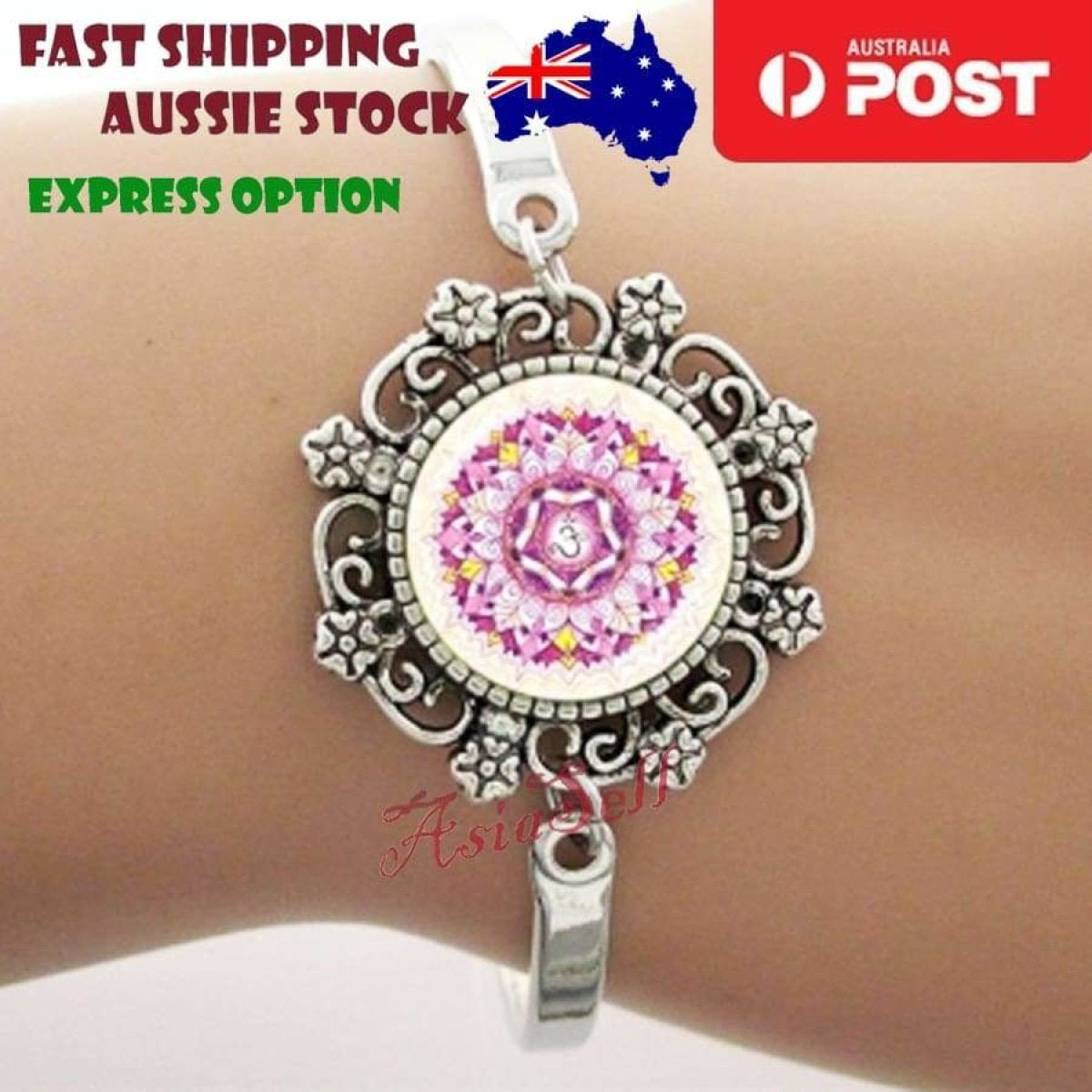 Bracelet Armband Glass Cabochon Size 16mm Women Kids Fashion Om Mandala | Asia Sell  -  Om Light Pink