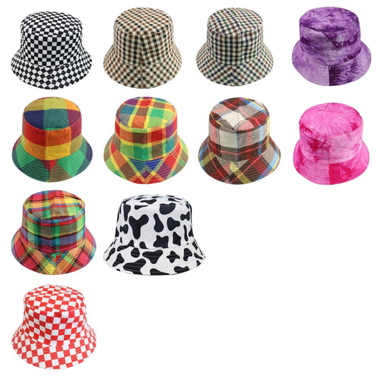 Bucket Hat Black White Cow Pattern Colourful Checkerboard Checked Fisherman Caps Clothing
