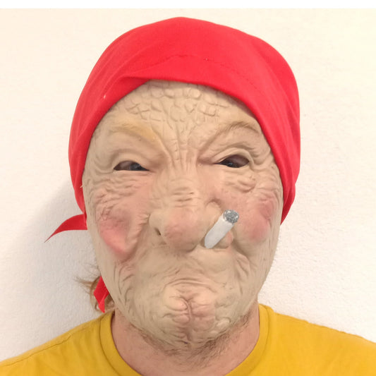 Creepy Old Lady Mask Red Scarf Smoking Cigarette Halloween Horror Costume Party Masks
