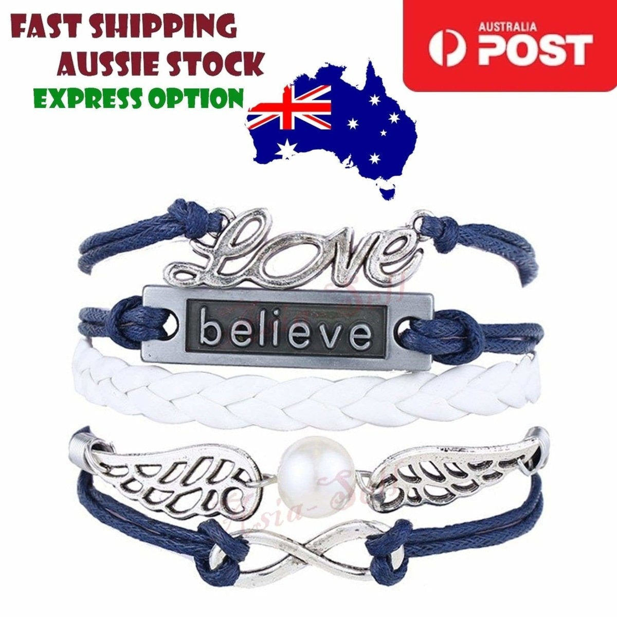 Dragonfly Love Believe Wings Infinity Leather Armband Rope Chain Bracelet Gift | Asia Sell  -  Blue White and Silver