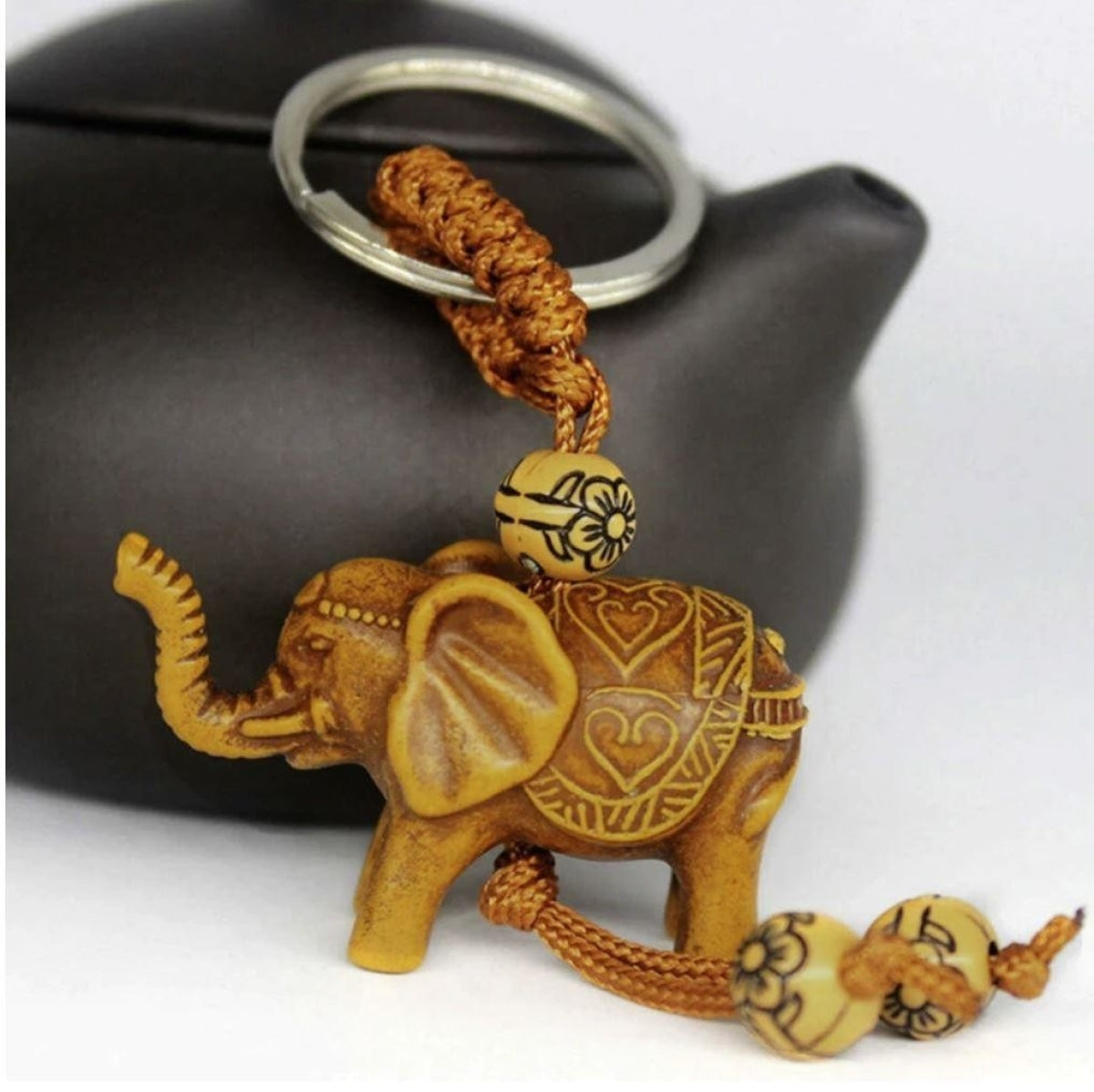 Elephant Keychain Peach Wood Carving Unique Key Chain To Give Gifts Pom Cute Stainless Steel