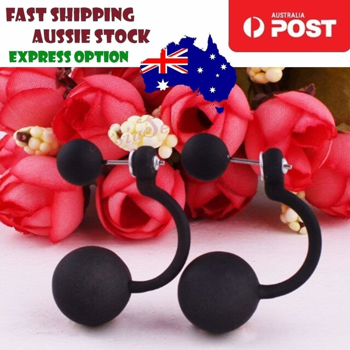 Fluorescent Colourful Bright Double Ball Earrings Double Sided Pearl Stud Bar | Asia Sell  -  Black