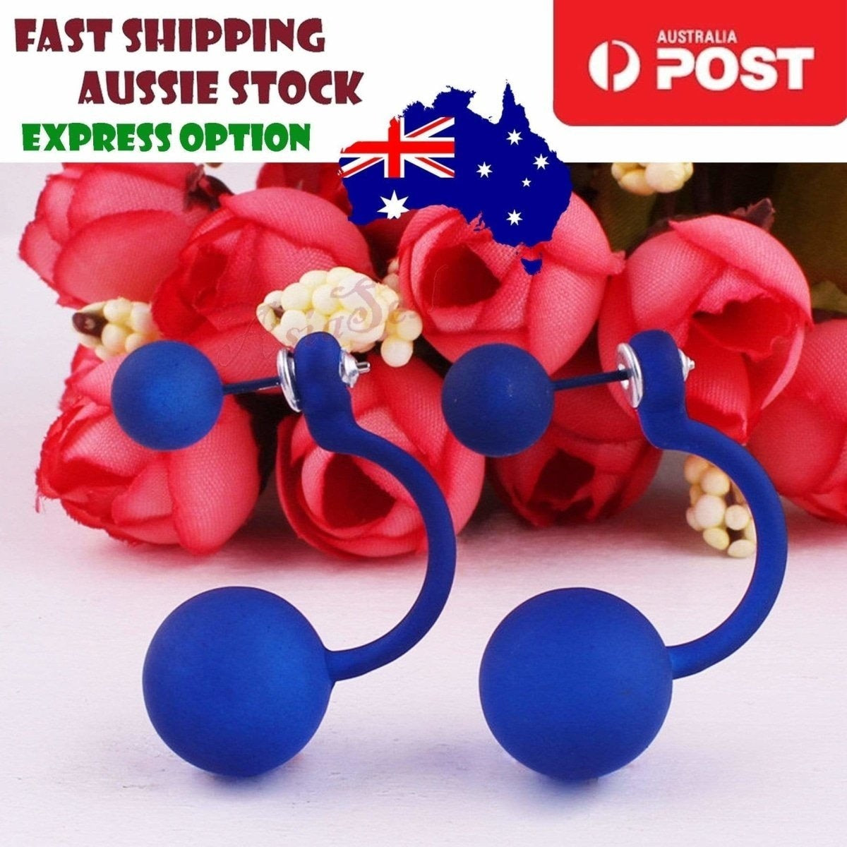 Fluorescent Colourful Bright Double Ball Earrings Double Sided Pearl Stud Bar | Asia Sell  -  Dark Blue