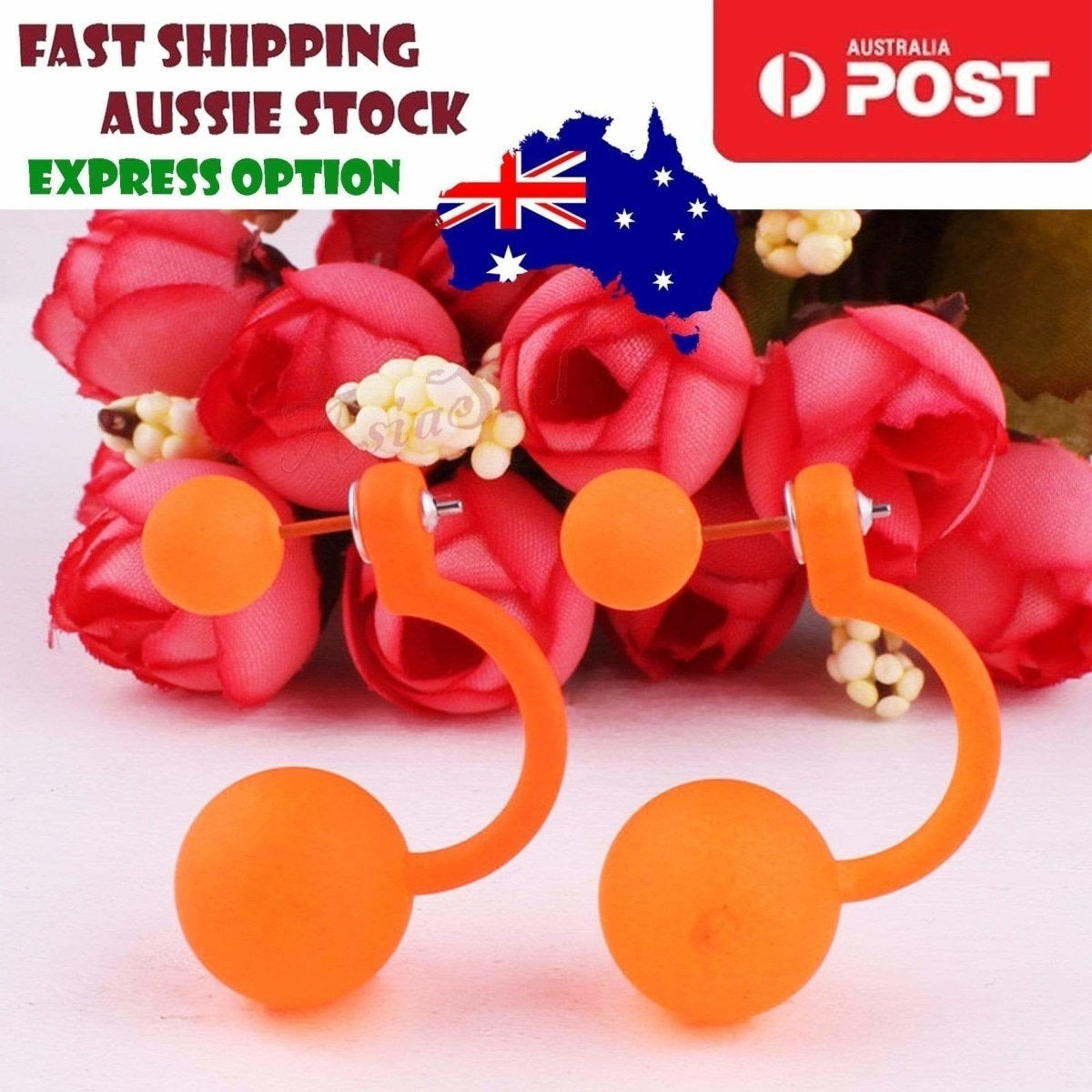 Fluorescent Colourful Bright Double Ball Earrings Double Sided Pearl Stud Bar | Asia Sell  -  Orange