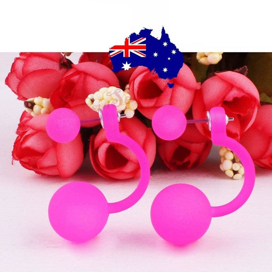 Fluorescent Colourful Bright Double Ball Earrings Double Sided Pearl Stud Bar | Asia Sell  -  Pink